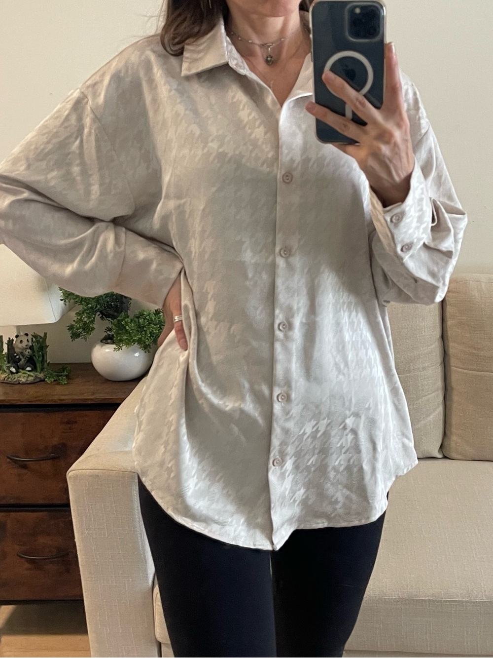 One n' More Pearl Champagne Houndstooth Satin Blouse L